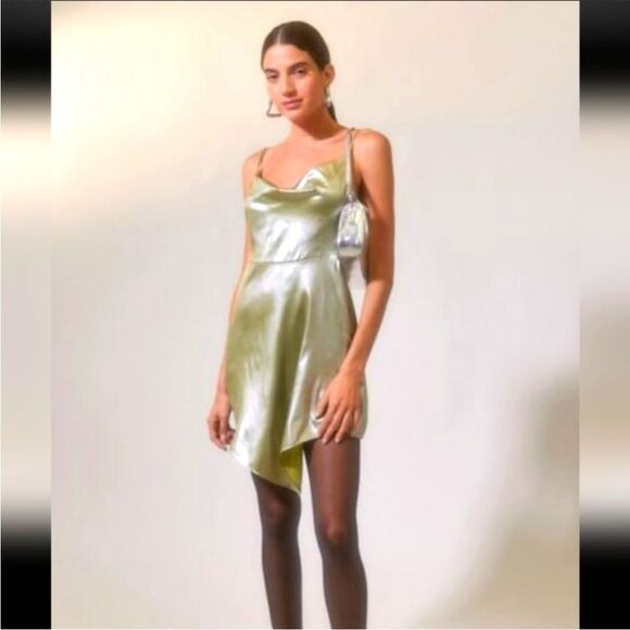 Mallory Metallic Asymmetrical Mini Slip Dress Adjustable Strapssmall - Picture 1 of 9